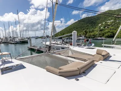 Deck of Duality II, a Nautitech 44 catamaran at Road Town, British Virgin Islands