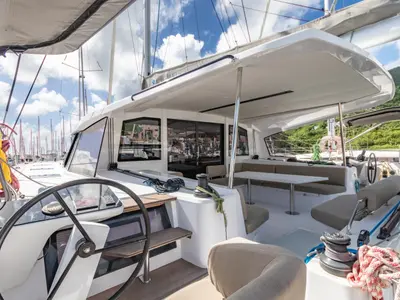 Cockpit of Duality II, a Nautitech 44 catamaran at Road Town, British Virgin Islands