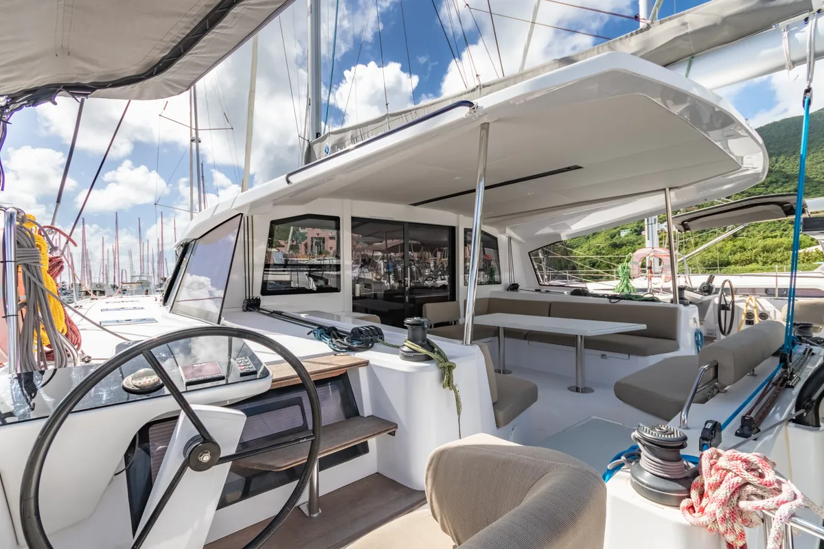 Cockpit of Duality II, a Nautitech 44 catamaran at Road Town, British Virgin Islands