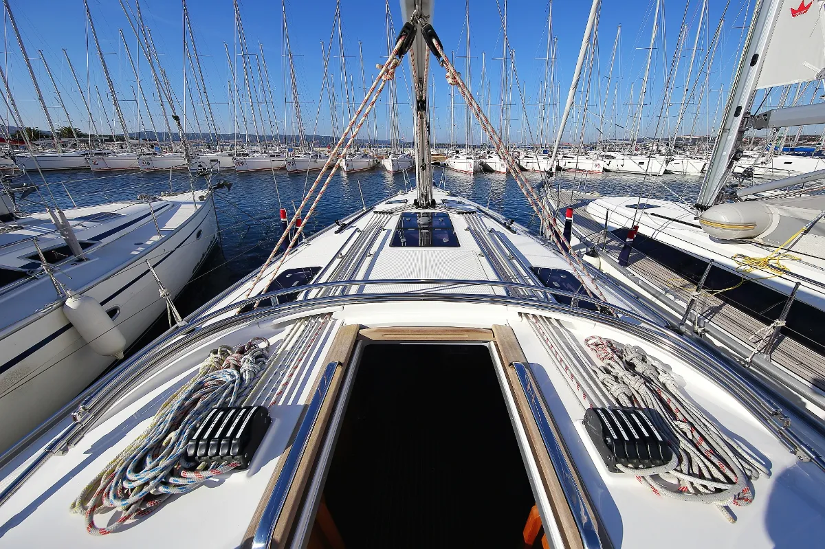 Deck of Aquarius, a Bavaria Cruiser 41 sailboat at Grad Trogir, Croatia