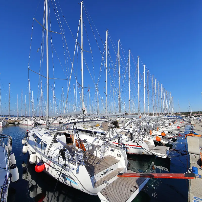 Exterior view of Aquarius, a Bavaria Cruiser 41 sailboat at Grad Trogir, Croatia