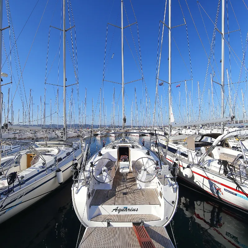 Exterior view of Aquarius, a Bavaria Cruiser 41 sailboat at Grad Trogir, Croatia