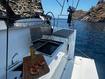 Deck of Dori, a Dufour 470 sailboat at Tonnarella, Italy