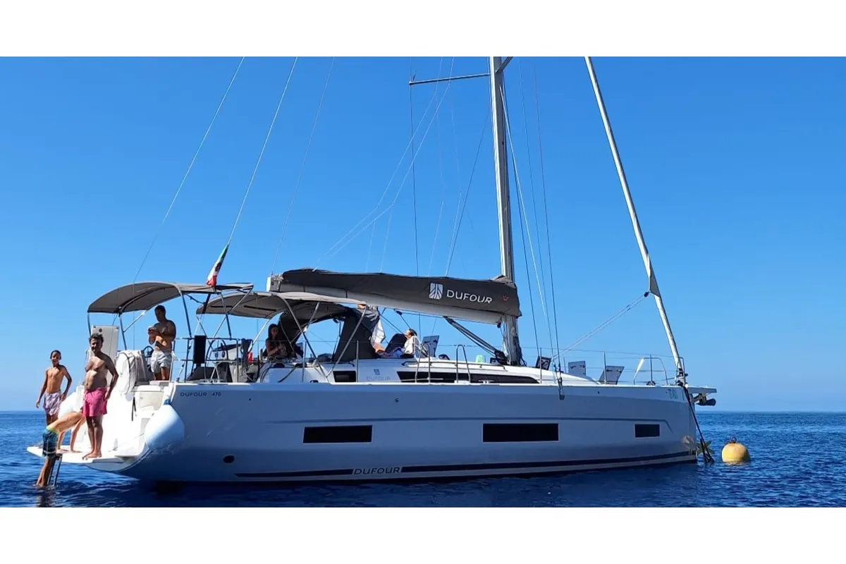 Exterior view of Dori, a Dufour 470 sailboat at Tonnarella, Italy