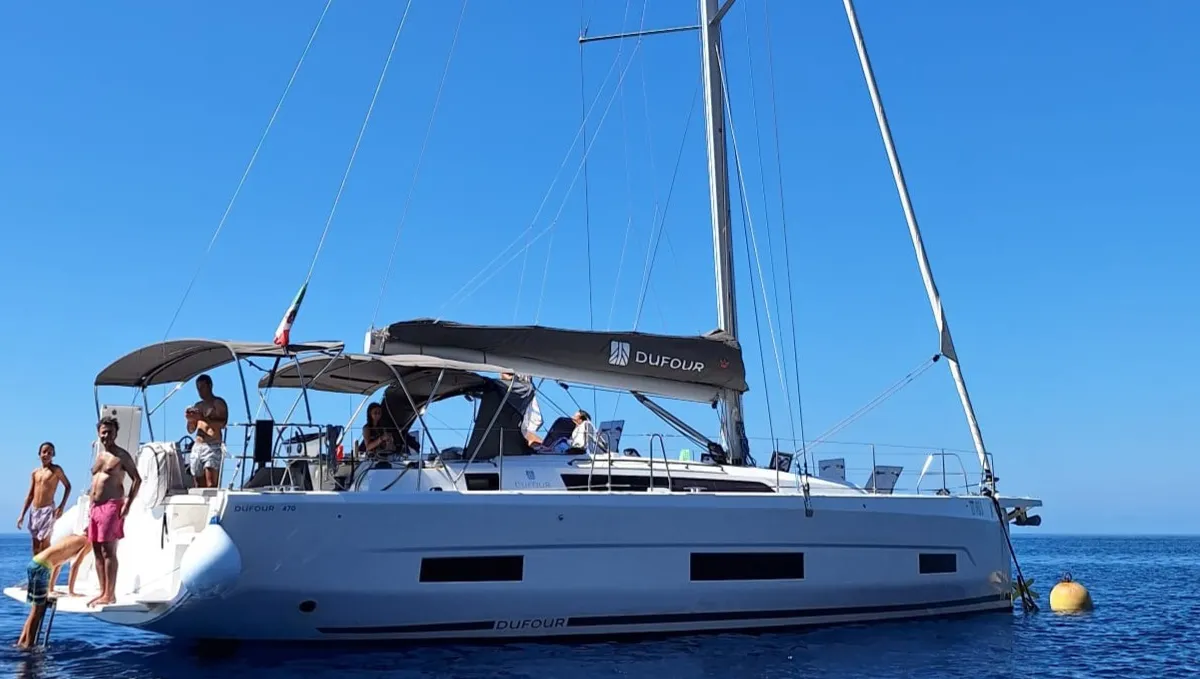 Exterior view of Dori, a Dufour 470 sailboat at Tonnarella, Italy