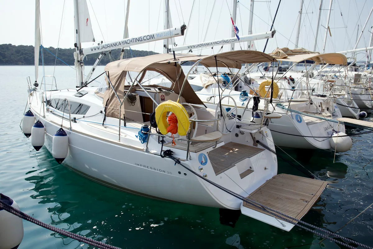 Exterior view of Essi, a Elan Impression 35 sailboat at Mali Lošinj, Croatia