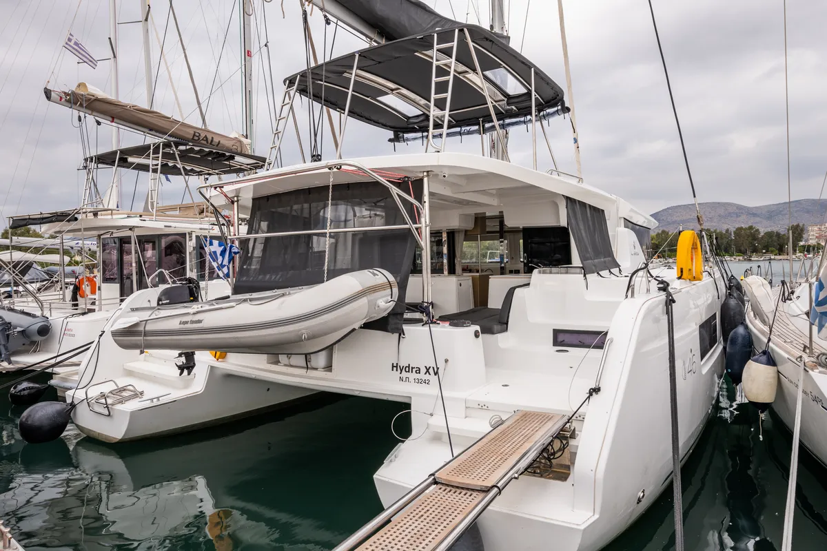 Exterior view of Hydra XV, a Lagoon 46 catamaran at Municipal Unit of Lefkada, Greece