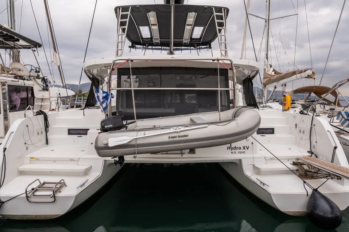 Exterior view of Hydra XV, a Lagoon 46 catamaran at Municipal Unit of Lefkada, Greece