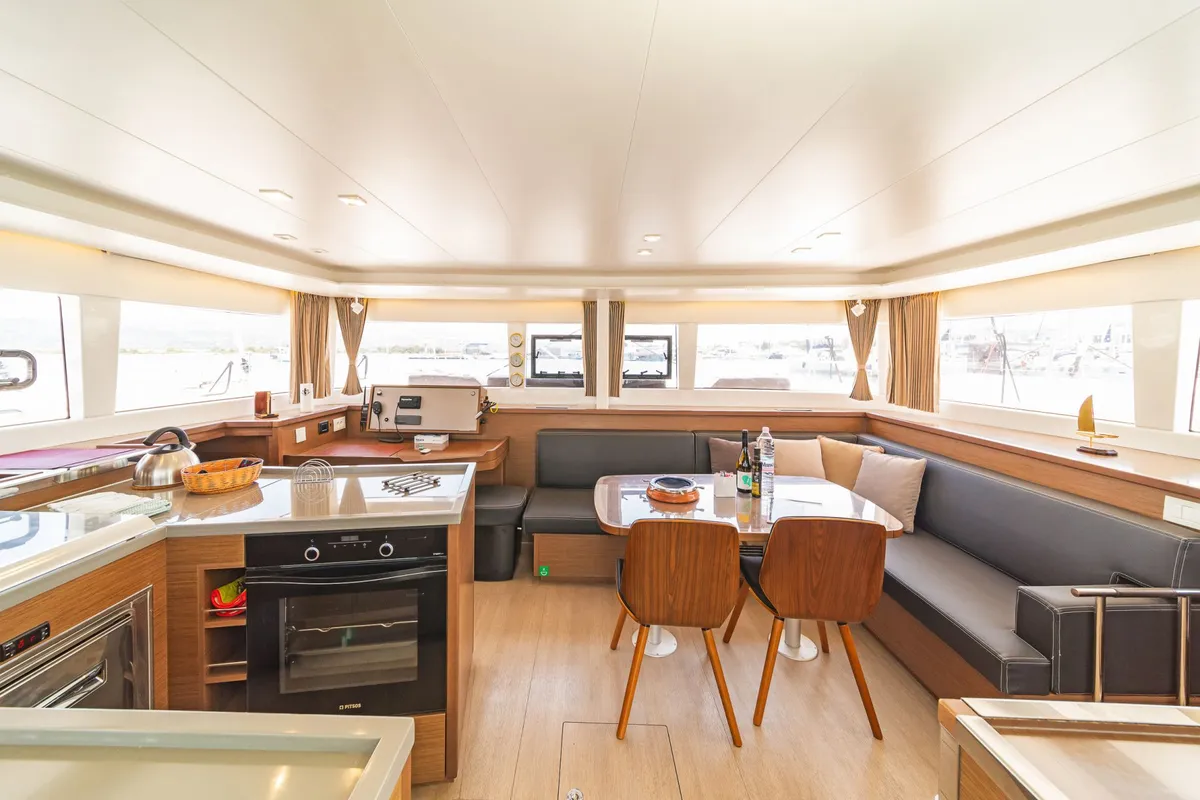Salon of Buena Suerte, a Lagoon 450 F catamaran at Athens, Greece