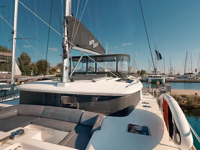 Deck of Buena Suerte, a Lagoon 450 F catamaran at Athens, Greece