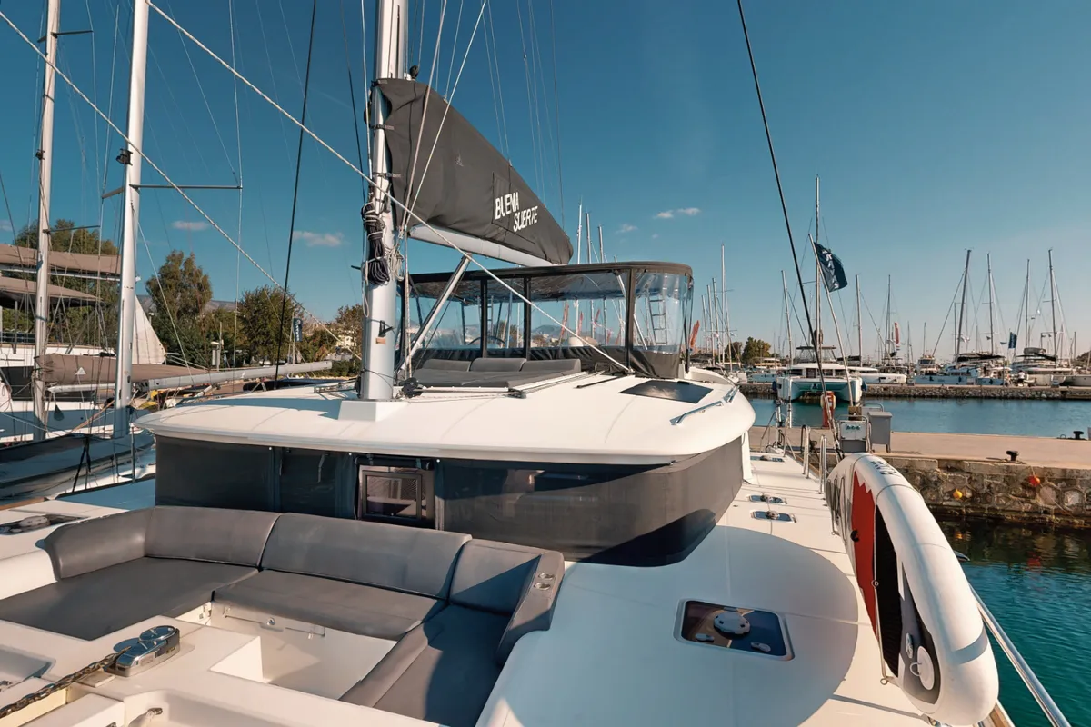 Deck of Buena Suerte, a Lagoon 450 F catamaran at Athens, Greece