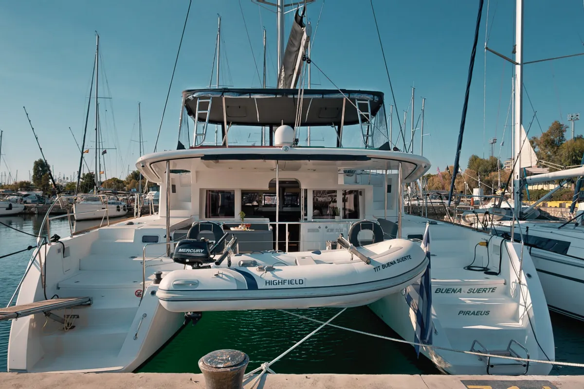 Exterior view of Buena Suerte, a Lagoon 450 F catamaran at Athens, Greece