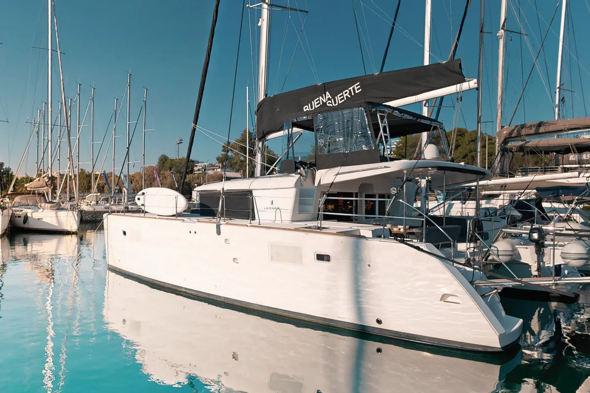 Exterior view of Buena Suerte, a Lagoon 450 F catamaran at Athens, Greece