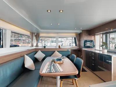 Salon of Buena Suerte, a Lagoon 450 F catamaran at Athens, Greece