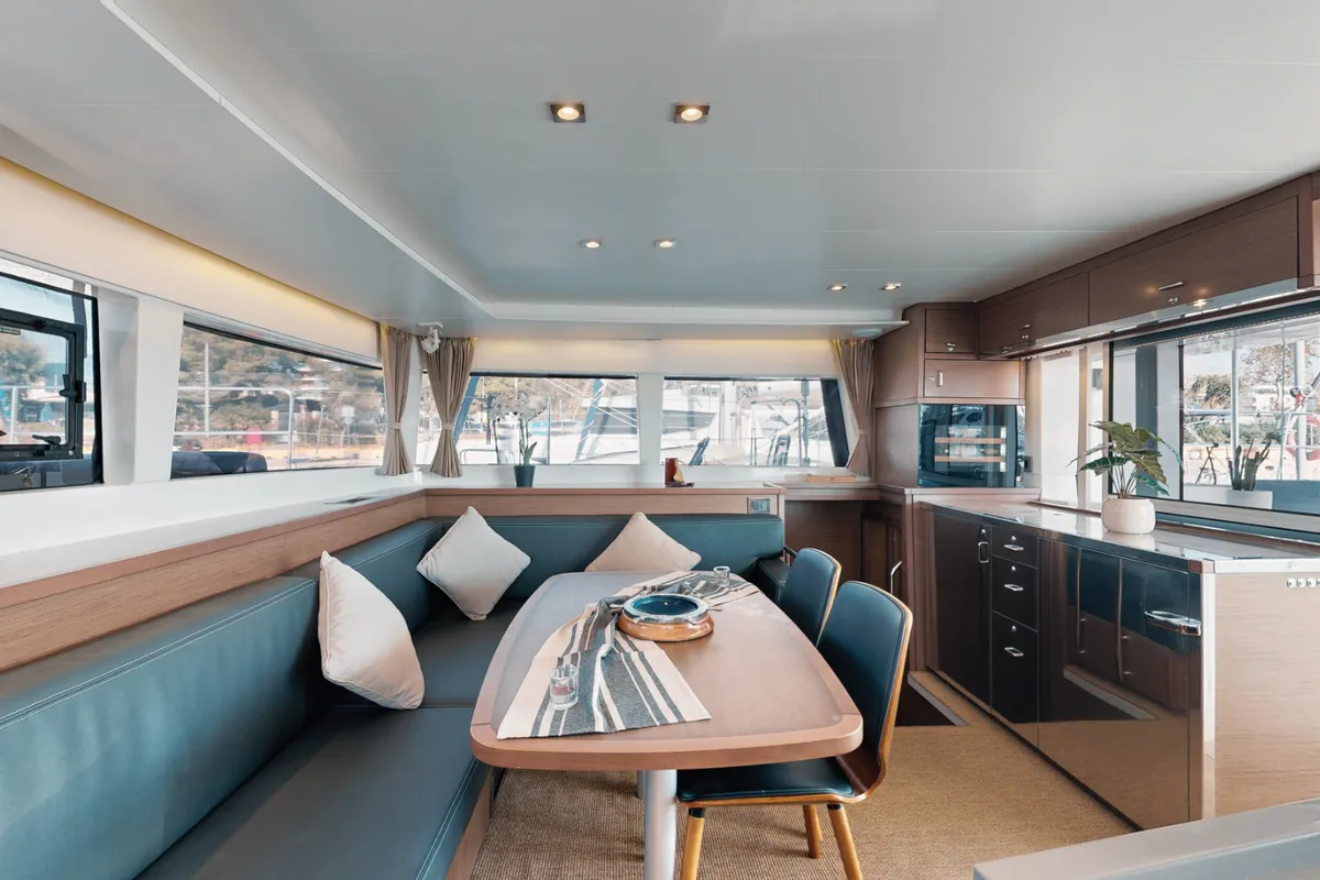 Salon of Buena Suerte, a Lagoon 450 F catamaran at Athens, Greece