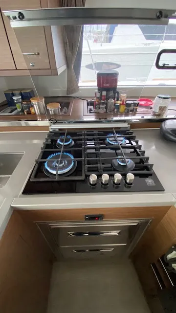 Galley of Buena Suerte, a Lagoon 450 F catamaran at Athens, Greece
