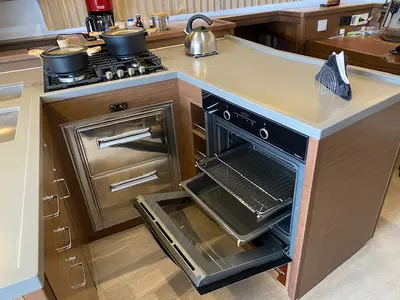 Galley of Buena Suerte, a Lagoon 450 F catamaran at Athens, Greece