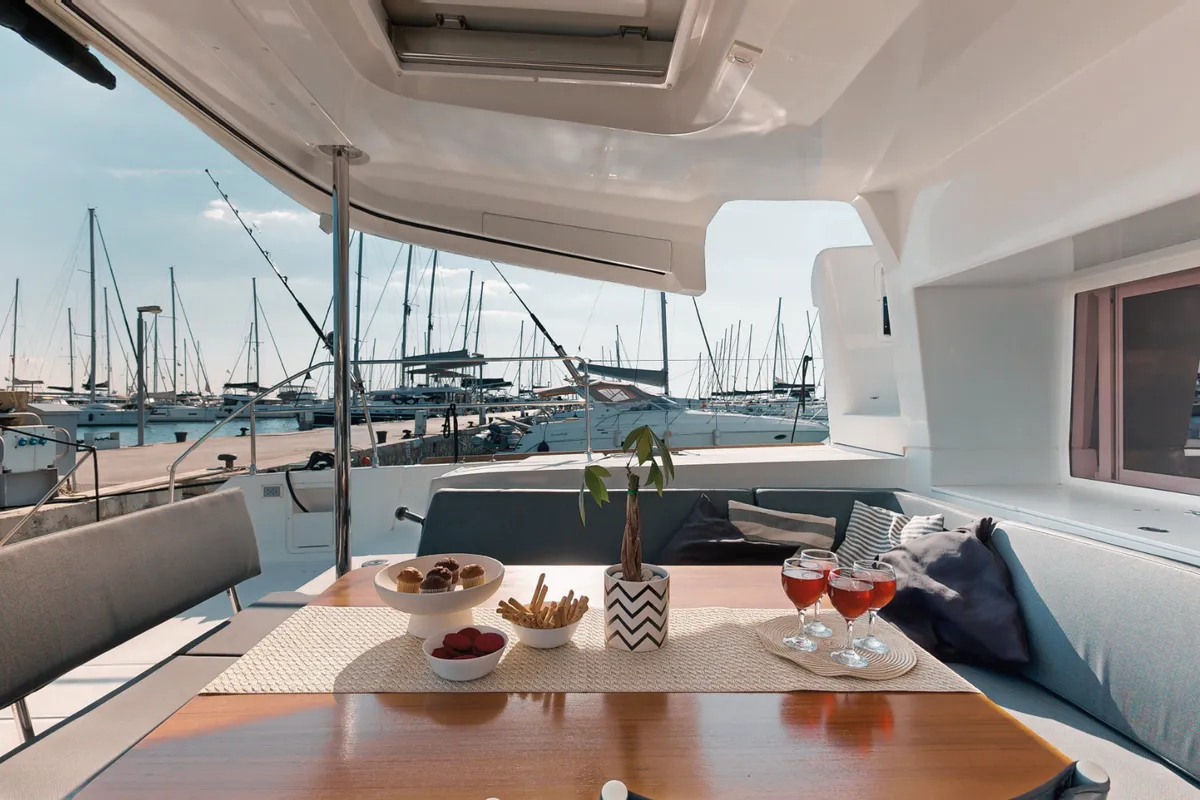 Deck of Buena Suerte, a Lagoon 450 F catamaran at Athens, Greece