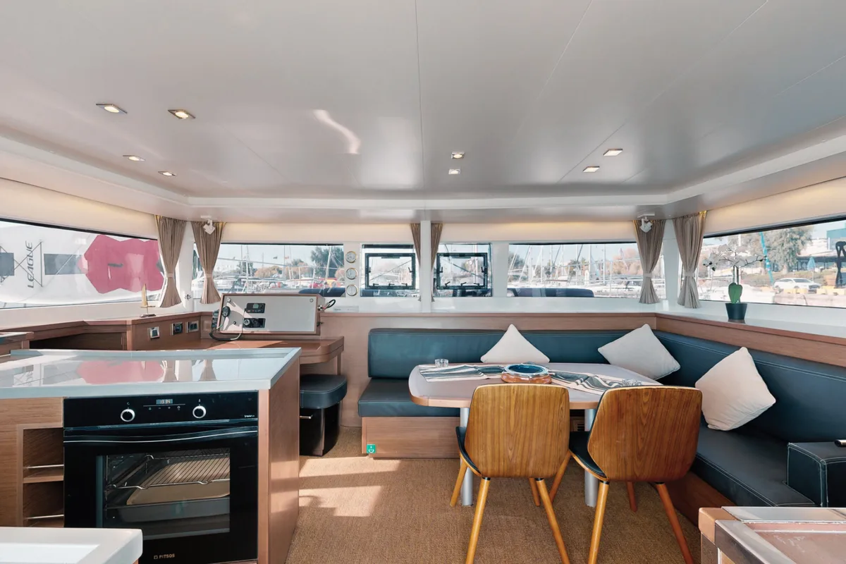 Salon of Buena Suerte, a Lagoon 450 F catamaran at Athens, Greece