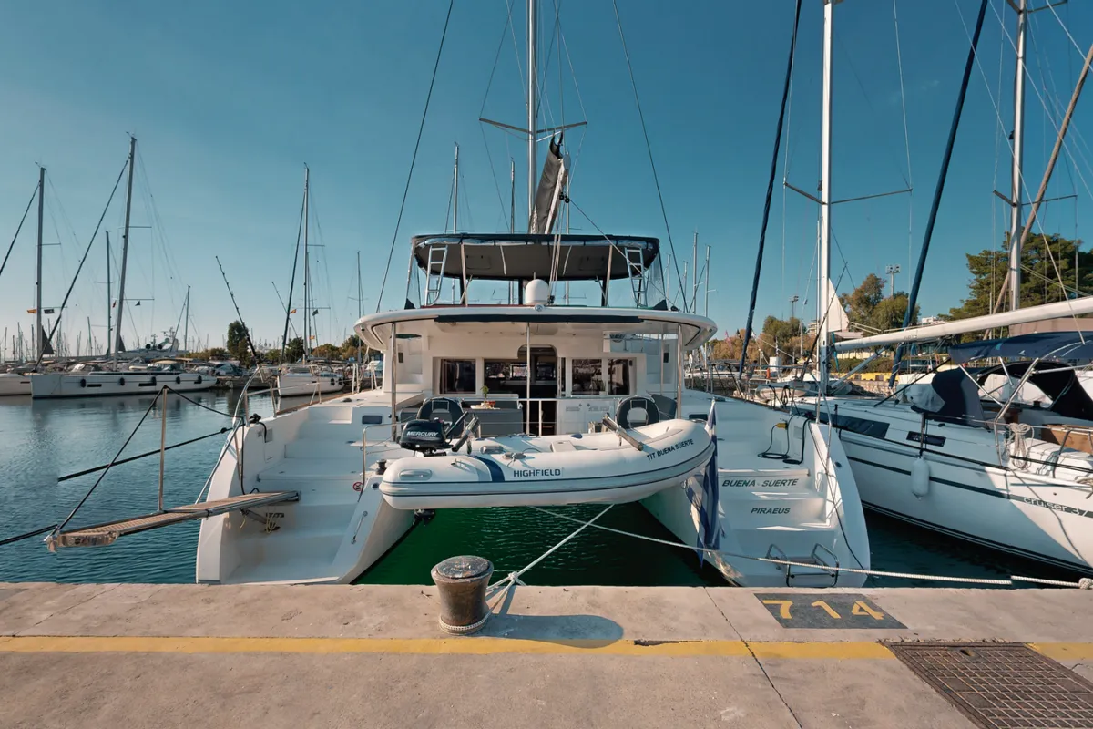 Exterior view of Buena Suerte, a Lagoon 450 F catamaran at Athens, Greece