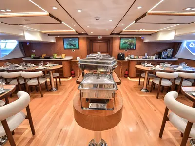 Salon of Comfort cabin upper deck 2, a Gulet Luxury Motor Yacht motorboat at Sharm El Sheikh, Egypt