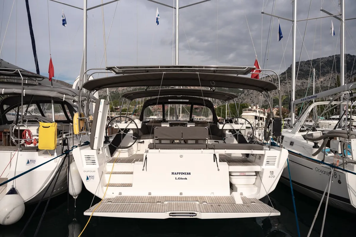 Exterior view of Happiness, a Dufour 470 sailboat at Marmaris, Turkey