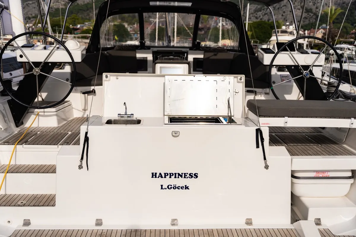 Deck of Happiness, a Dufour 470 sailboat at Marmaris, Turkey