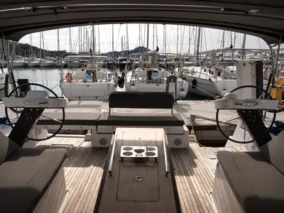 Cockpit of Happiness, a Dufour 470 sailboat at Marmaris, Turkey