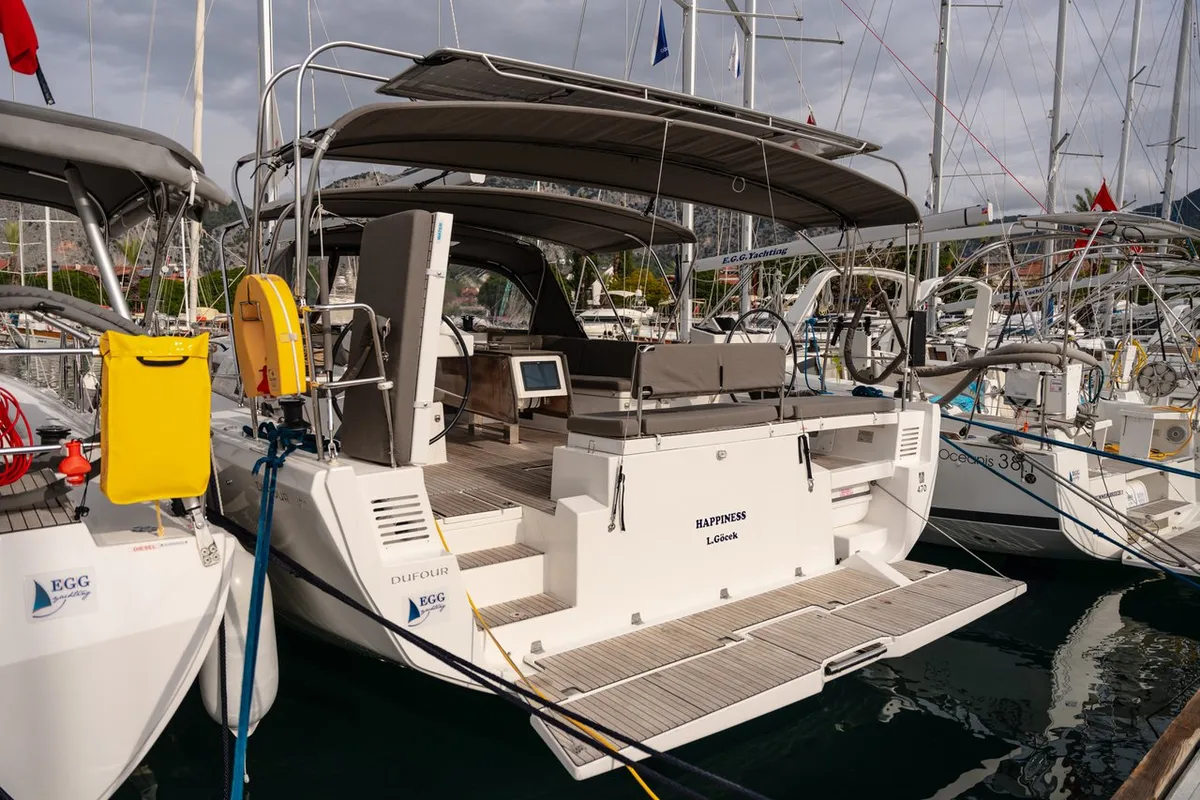 Exterior view of Happiness, a Dufour 470 sailboat at Marmaris, Turkey