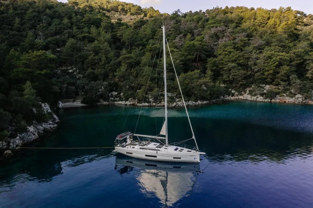 Exterior view of Happiness, a Dufour 470 sailboat at Marmaris, Turkey