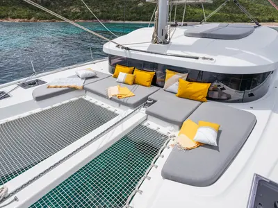 Deck of Les Petits Loups VIII, a Lagoon 38 catamaran at Ajaccio, France