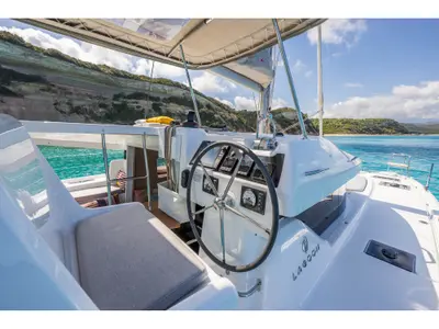 Cockpit of Les Petits Loups VIII, a Lagoon 38 catamaran at Ajaccio, France