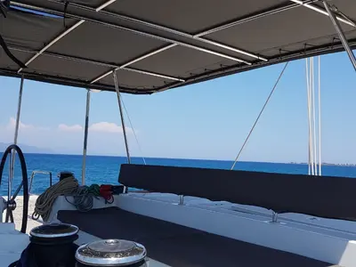 ISMA, a Lagoon 450 Fly catamaran at Sami Municipal Unit, Greece