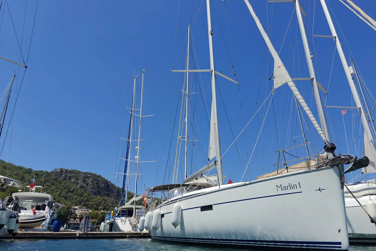 Exterior view of Marlin 1, a Bavaria Cruiser 46 sailboat at Fethiye, Turkey