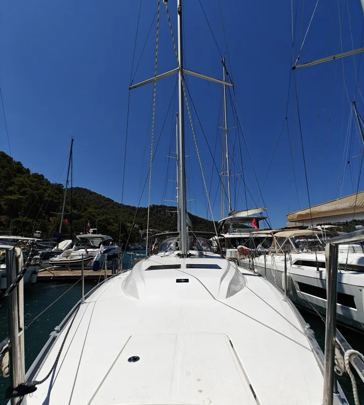 Deck of Marlin 1, a Bavaria Cruiser 46 sailboat at Fethiye, Turkey