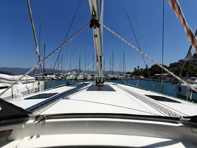 Deck of Marlin 1, a Bavaria Cruiser 46 sailboat at Fethiye, Turkey