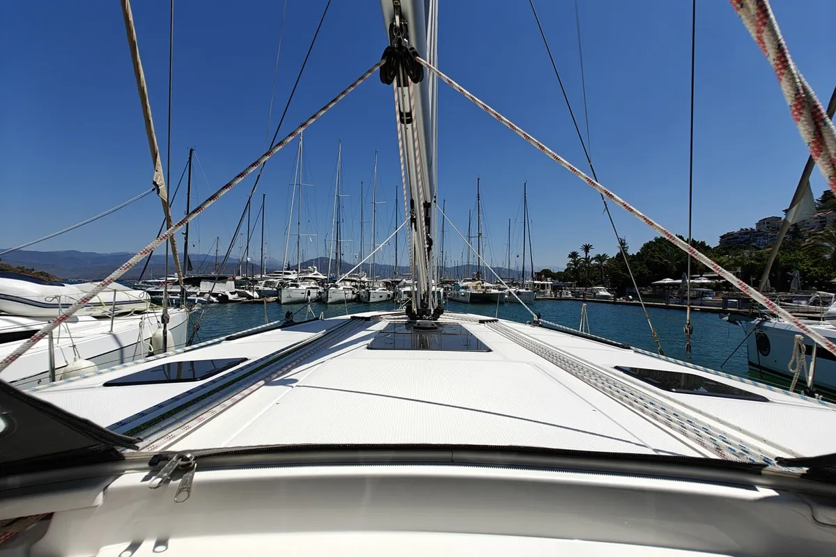 Deck of Marlin 1, a Bavaria Cruiser 46 sailboat at Fethiye, Turkey