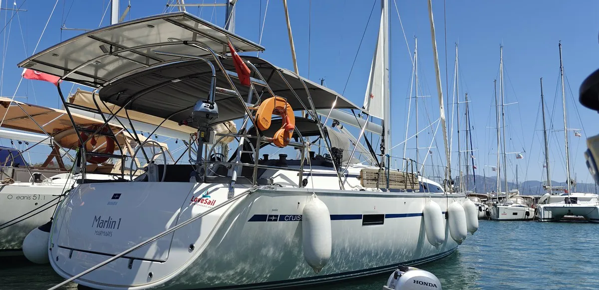 Exterior view of Marlin 1, a Bavaria Cruiser 46 sailboat at Fethiye, Turkey