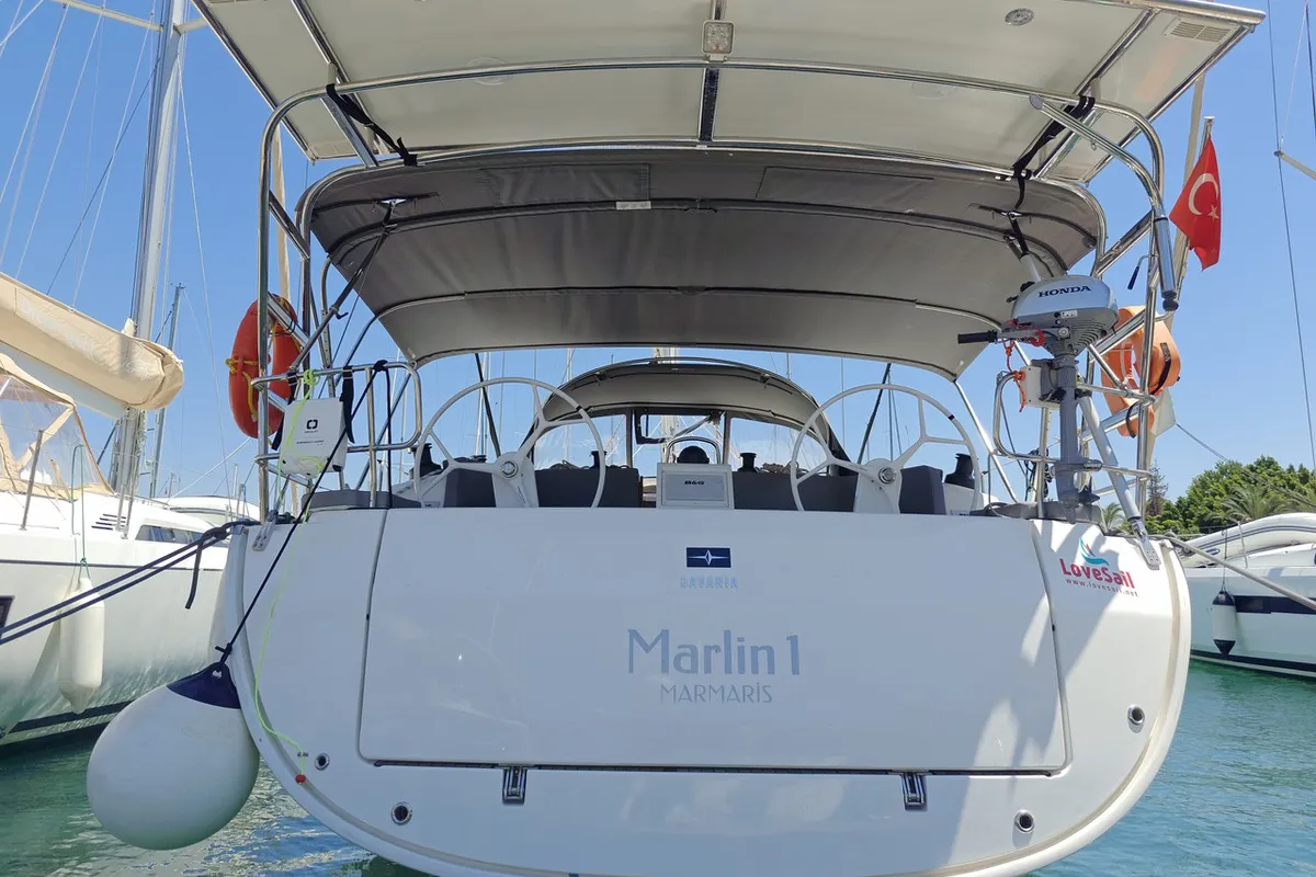 Exterior view of Marlin 1, a Bavaria Cruiser 46 sailboat at Fethiye, Turkey