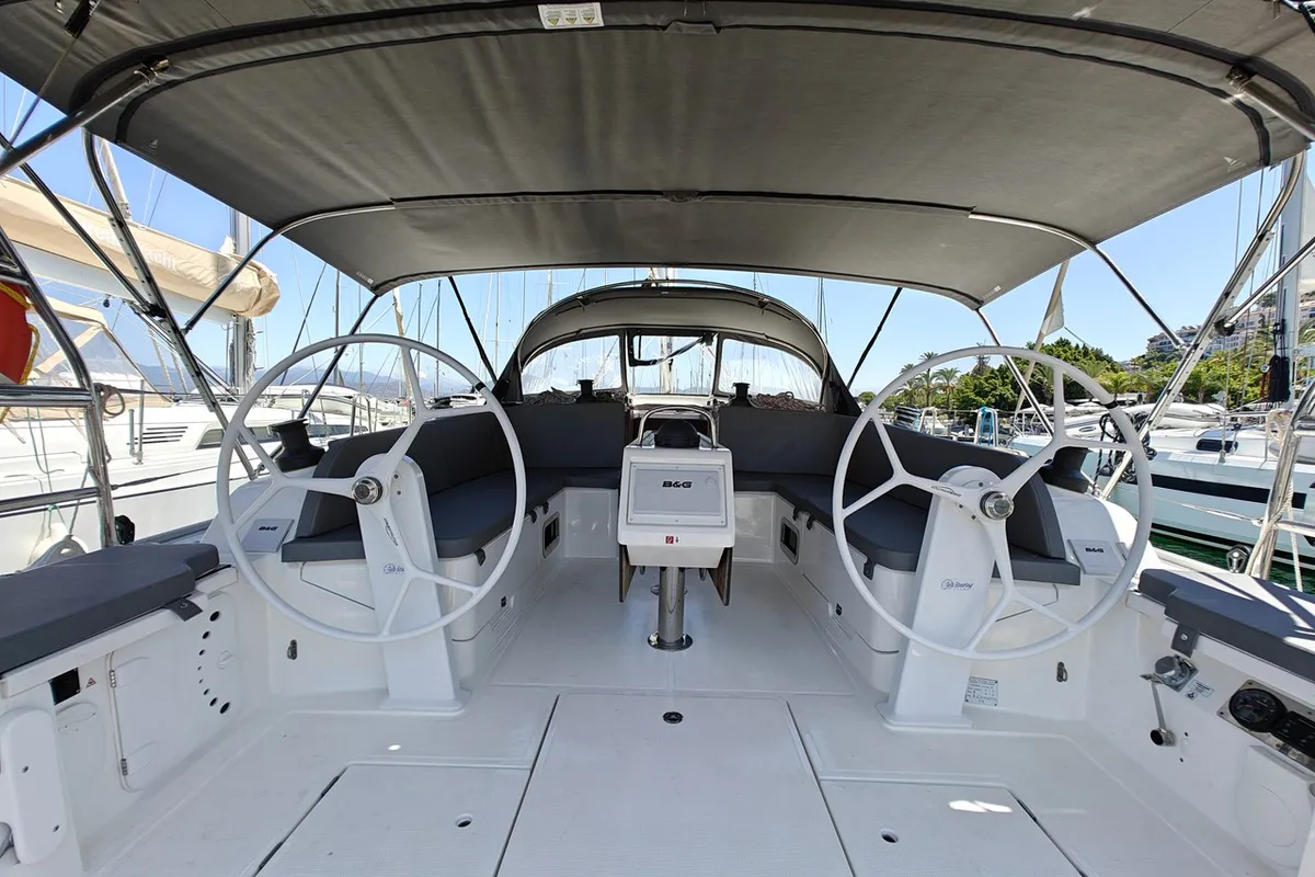 Cockpit of Marlin 1, a Bavaria Cruiser 46 sailboat at Fethiye, Turkey