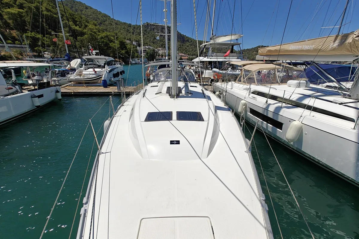 Deck of Marlin 1, a Bavaria Cruiser 46 sailboat at Fethiye, Turkey