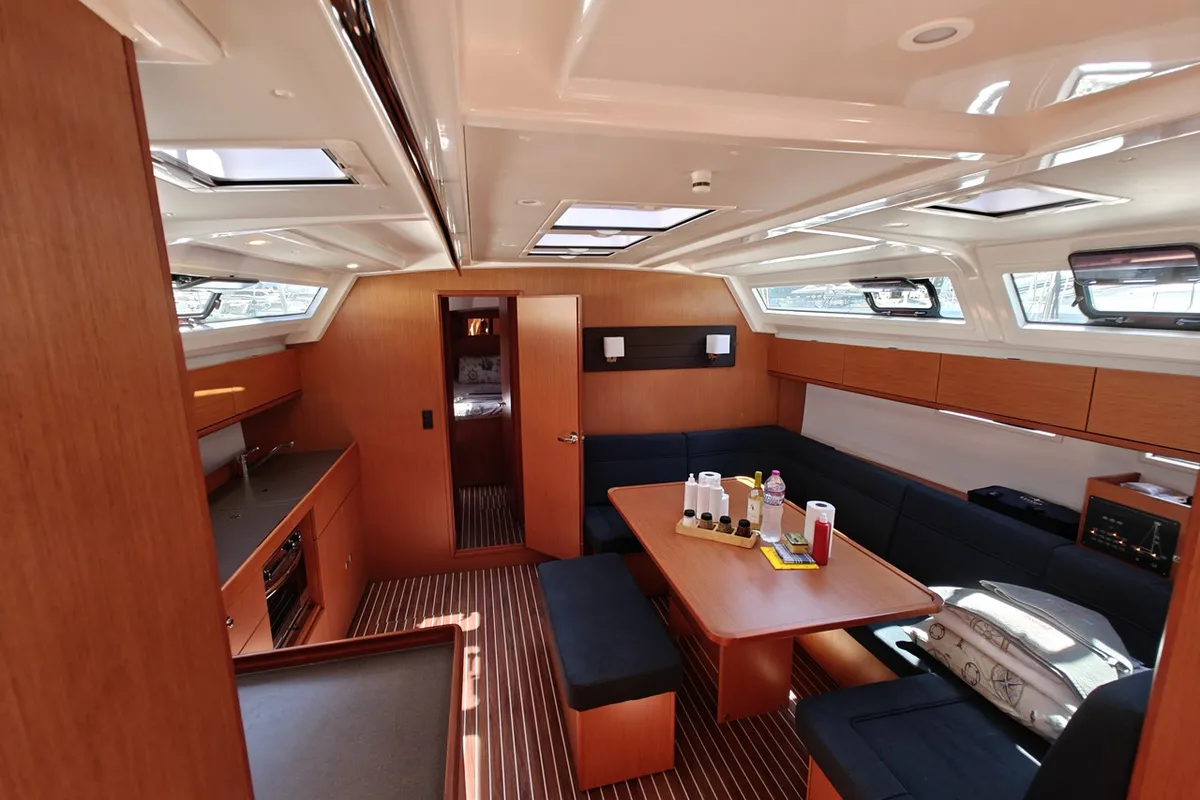 Salon of Marlin 1, a Bavaria Cruiser 46 sailboat at Fethiye, Turkey