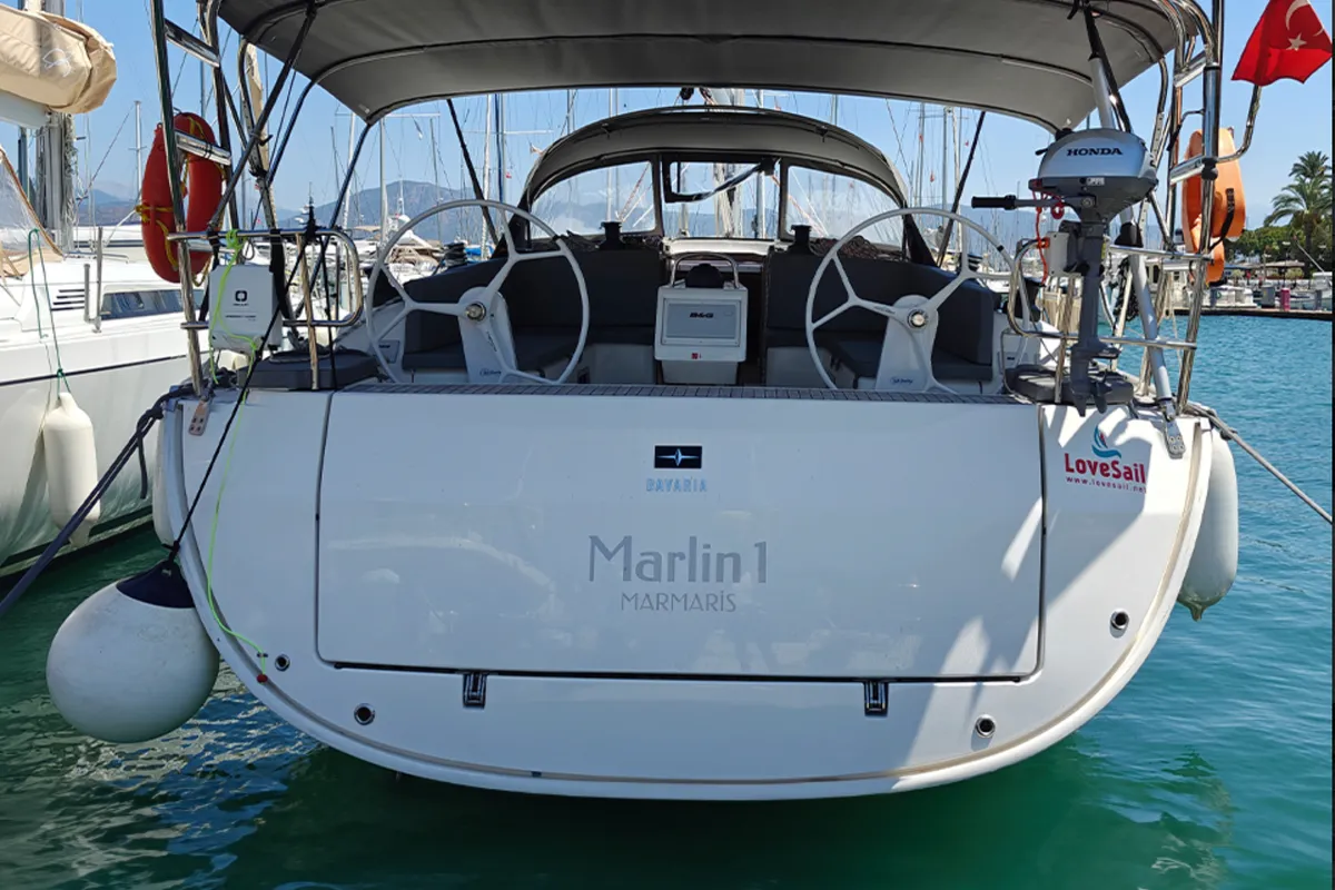 Exterior view of Marlin 1, a Bavaria Cruiser 46 sailboat at Fethiye, Turkey