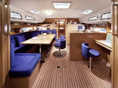 Salon of Marlin 1, a Bavaria Cruiser 46 sailboat at Fethiye, Turkey