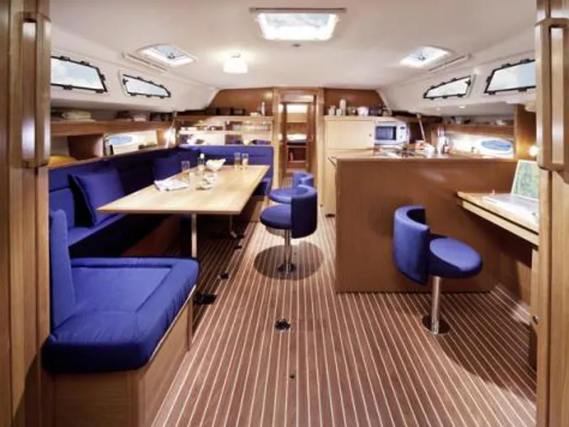 Salon of Marlin 1, a Bavaria Cruiser 46 sailboat at Fethiye, Turkey