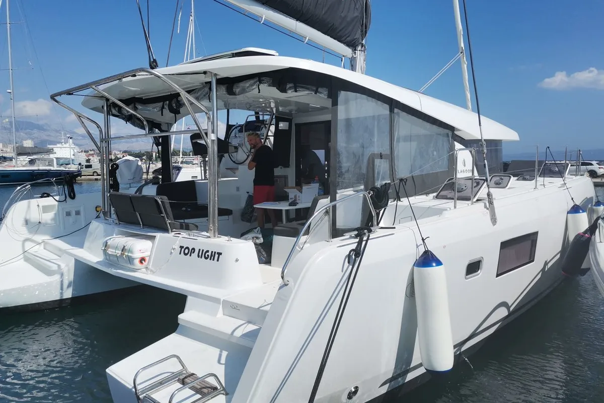 Exterior view of Top Light, a Lagoon 42 catamaran at Split, Croatia
