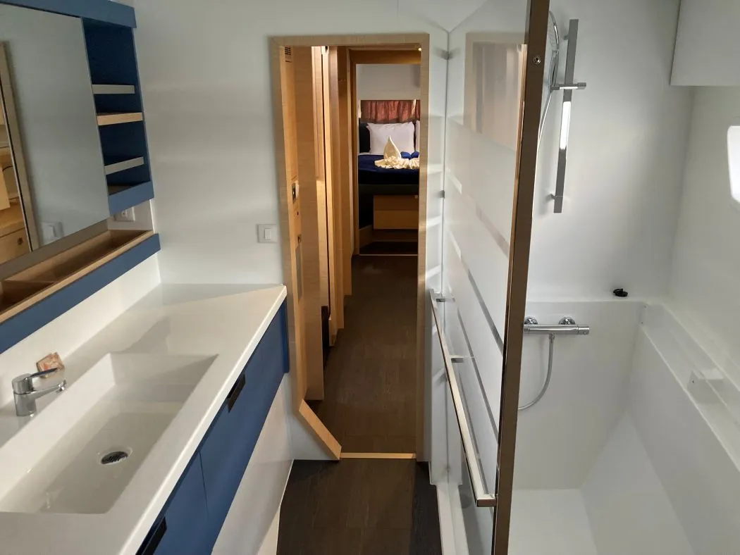 Head on Aquaphoria, a Fountaine Pajot Tanna 47 Maestro catamaran at Charlotte Amalie, United States