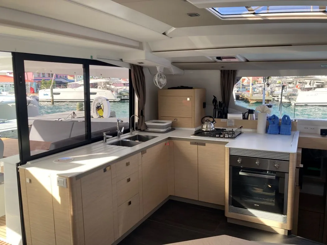 Galley of Aquaphoria, a Fountaine Pajot Tanna 47 Maestro catamaran at Charlotte Amalie, United States