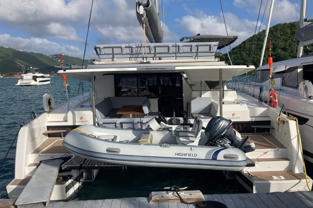Deck of Aquaphoria, a Fountaine Pajot Tanna 47 Maestro catamaran at Charlotte Amalie, United States