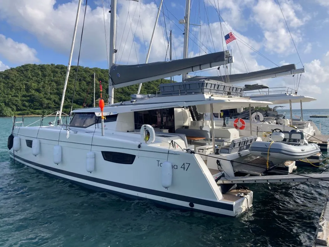 Exterior view of Aquaphoria, a Fountaine Pajot Tanna 47 Maestro catamaran at Charlotte Amalie, United States